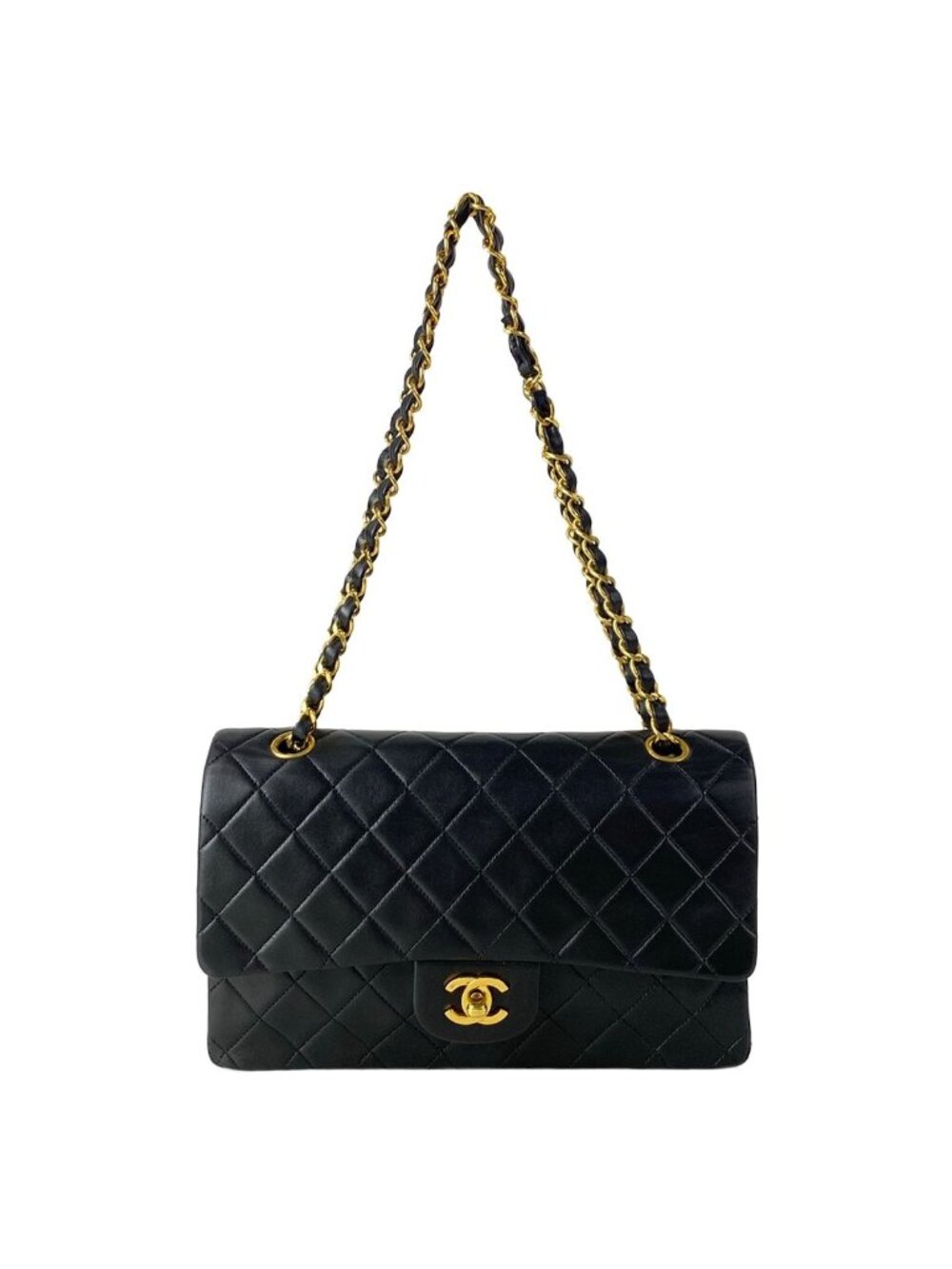 Chanel Shoulder Bag Double Flap Quilted Black Chain Gold